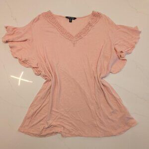 Lauren Ralph Lauren Sz XXL Linen-Blend Jersey Flutter-Sleeve Top Pink Women's